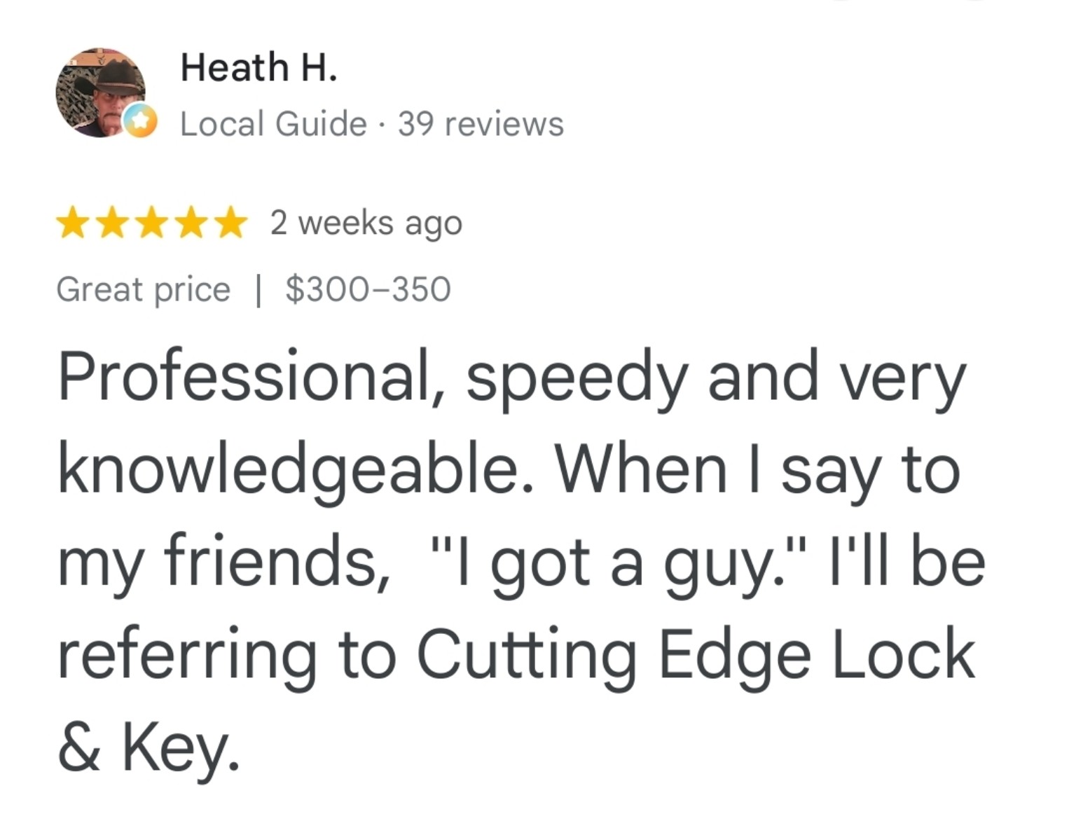 Five-star Google review by Heath H.