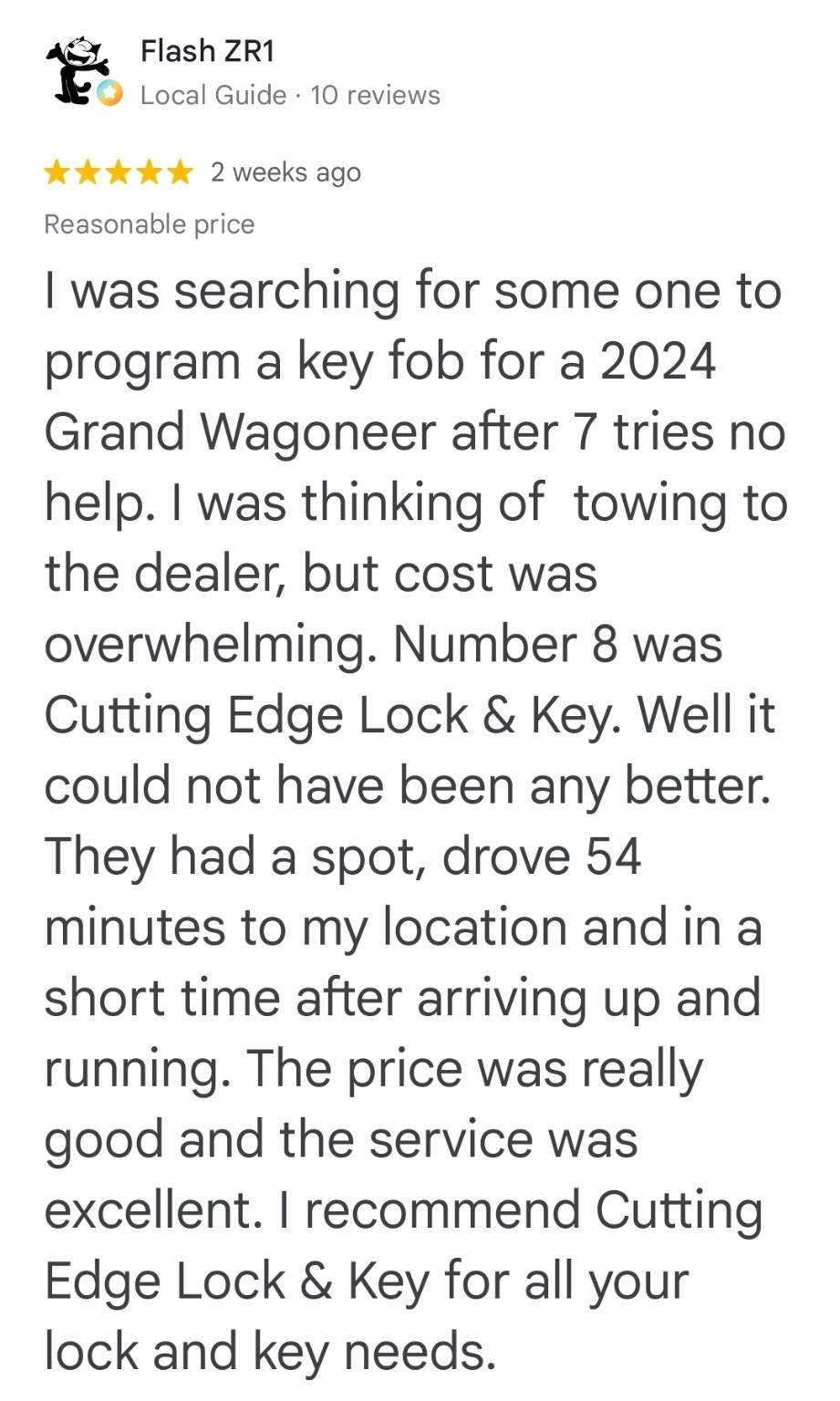 Five-star Google review by Flash ZR1